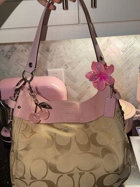 Coach Pink Trim Signature Jacquard Shoulder Bag with Flower Charm